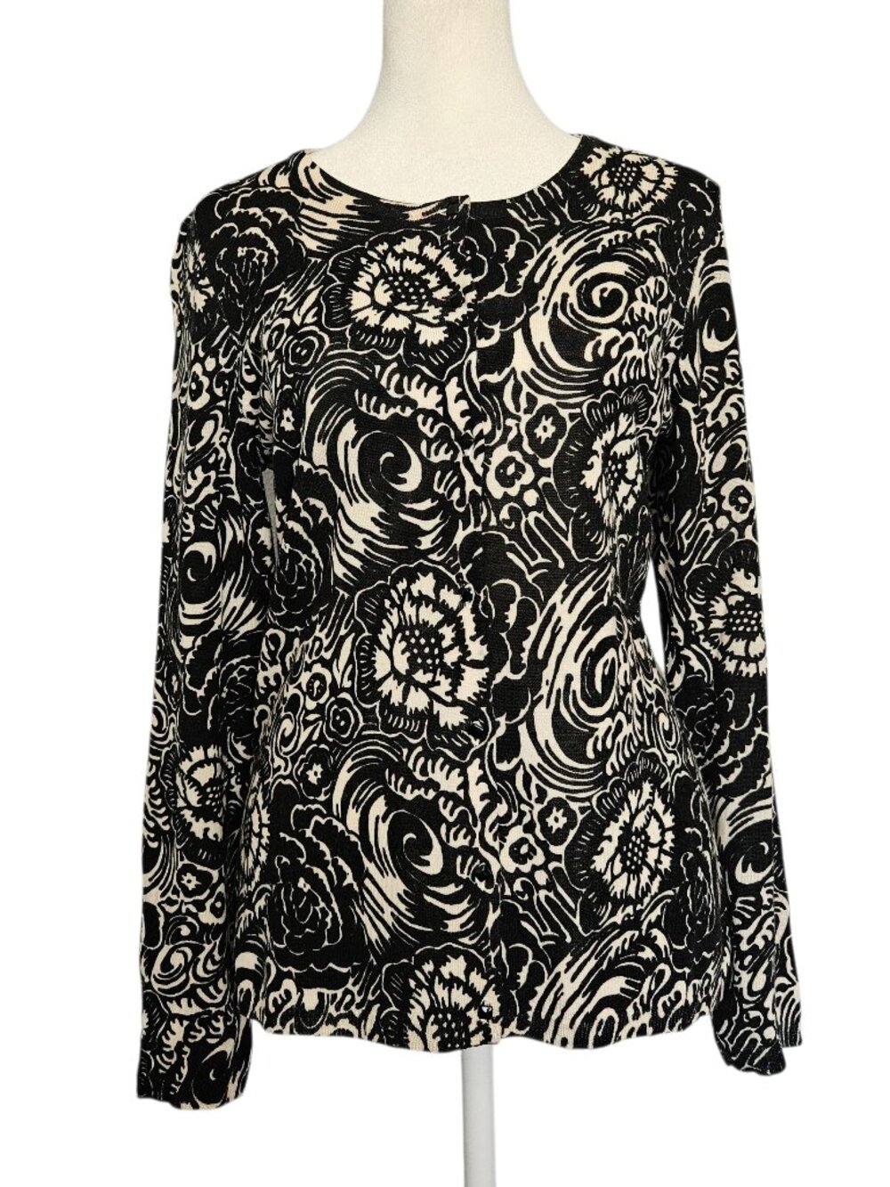 Talbots 100% Pure Italian Merino Wool Cardigan Womens S Black Cream Floral Light